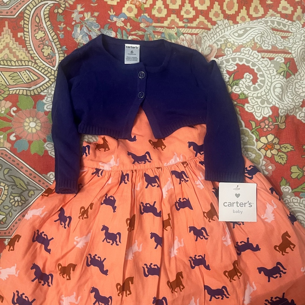 Horse Theme Peach Dress 6mo. Printed Horses with Navy Cardigan NWT